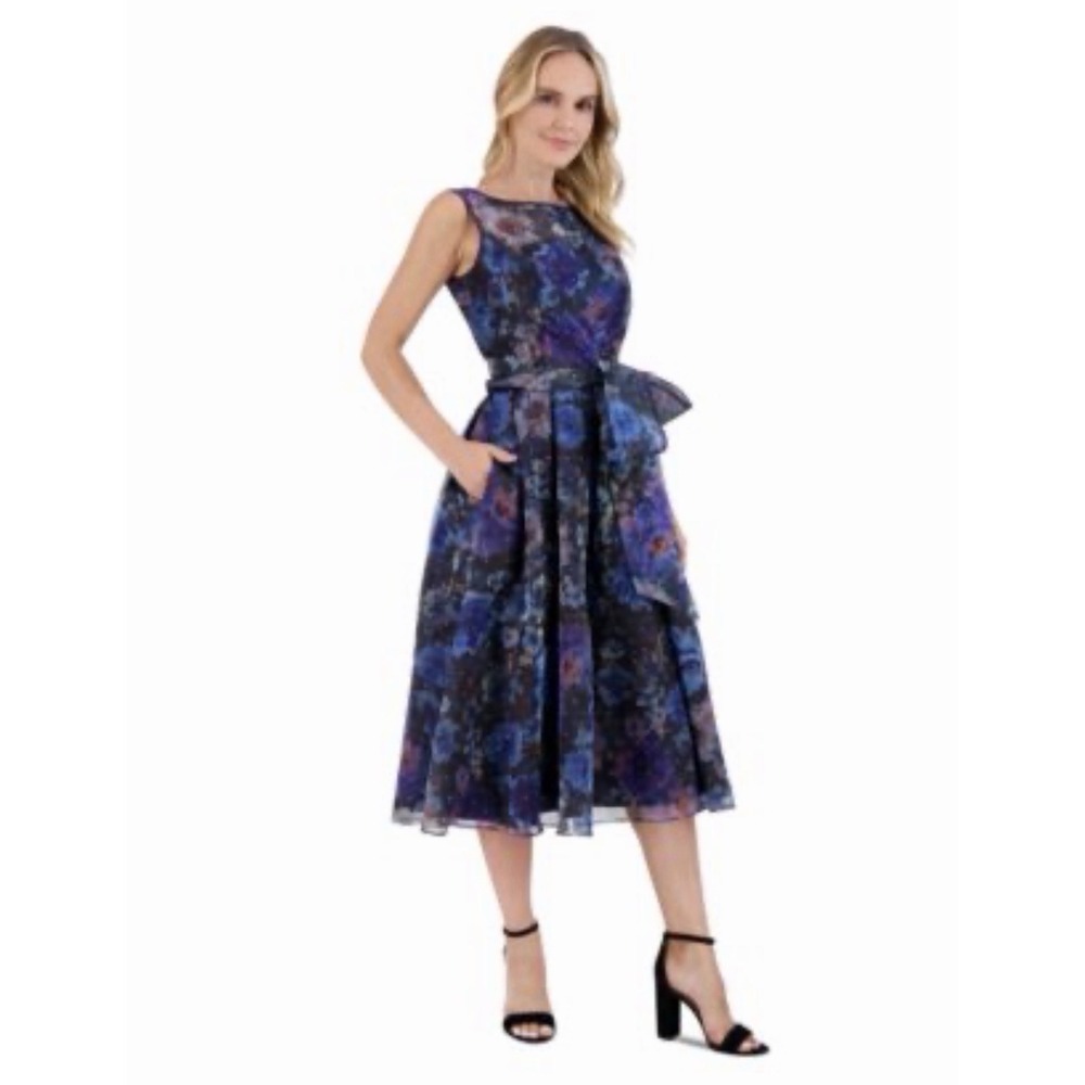 NWT Eliza J Sequin Belted Floral Fit & Flare Cocktail Midi Dress Size 14 $228